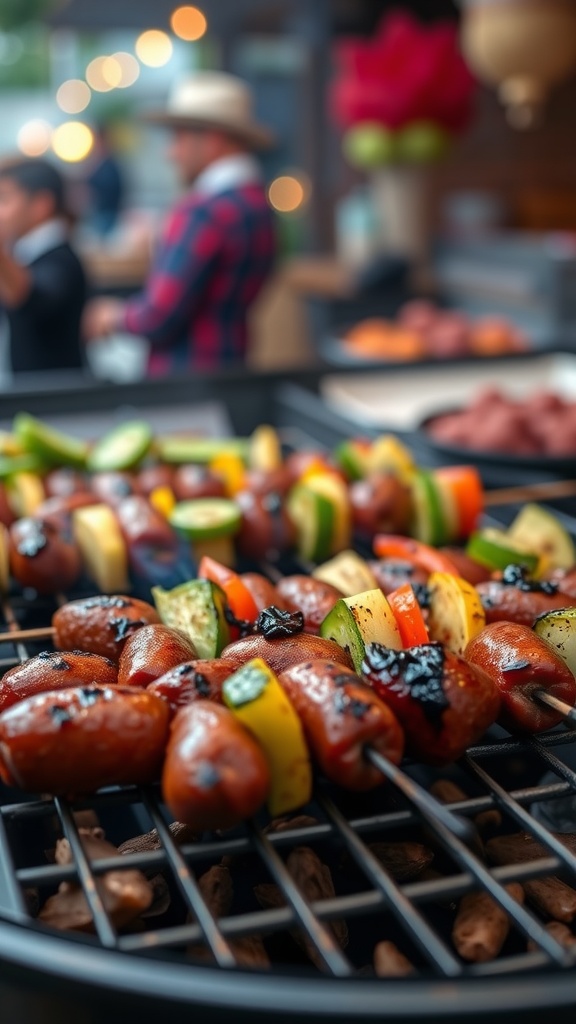 Grilled andouille sausage skewers with colorful vegetables.