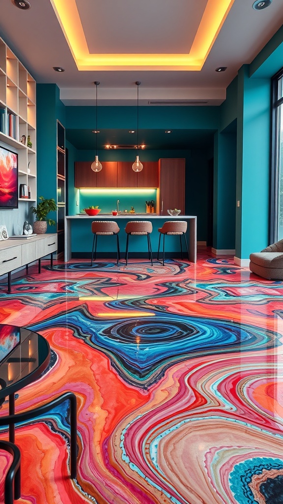 Colorful epoxy floor design with swirling patterns resembling animal prints.