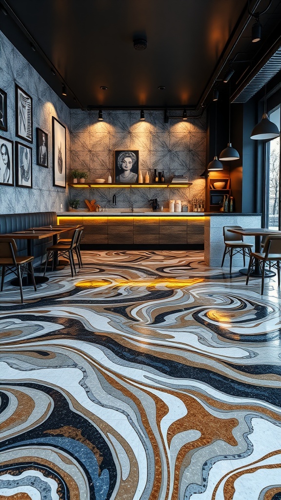 An epoxy floor with swirling animal print-inspired patterns in earthy tones.