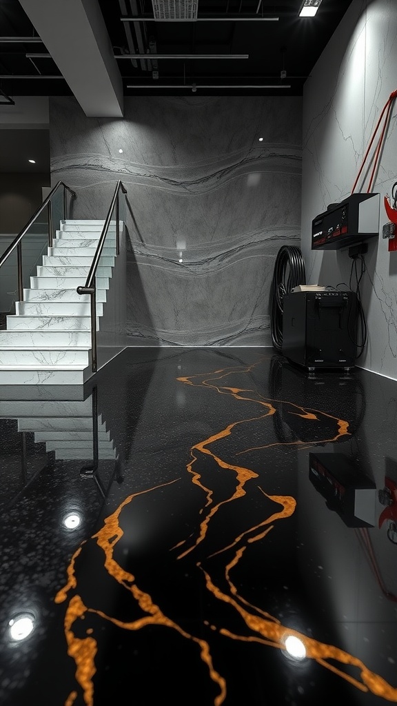 Modern staircase and garage area with epoxy flooring featuring a white and gold marble design.