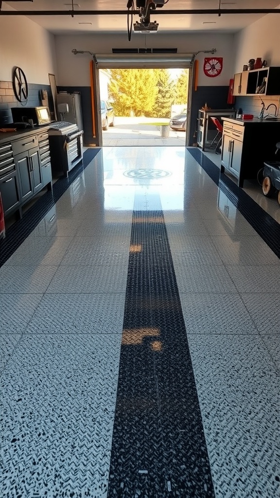 A well-designed garage floor featuring anti-slip epoxy coating with a geometric pattern.