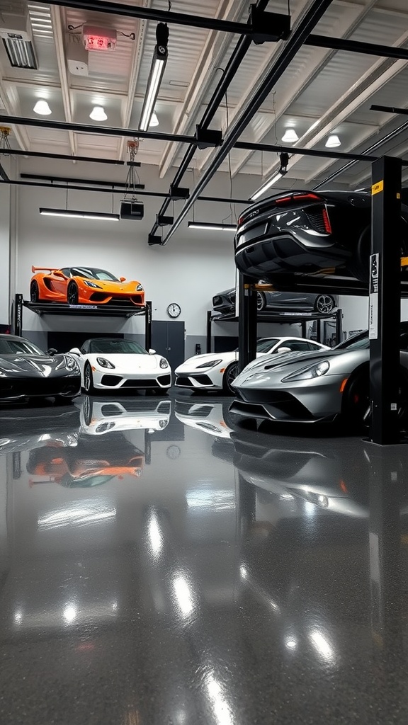 A luxurious garage interior featuring high-end cars and a sleek epoxy floor