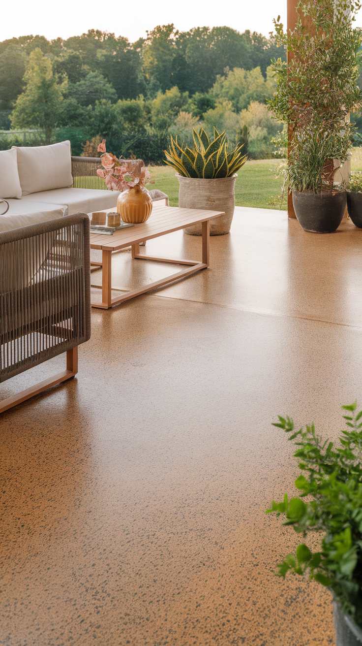 A spacious outdoor patio with textured epoxy flooring, stylish furniture, and lush greenery.