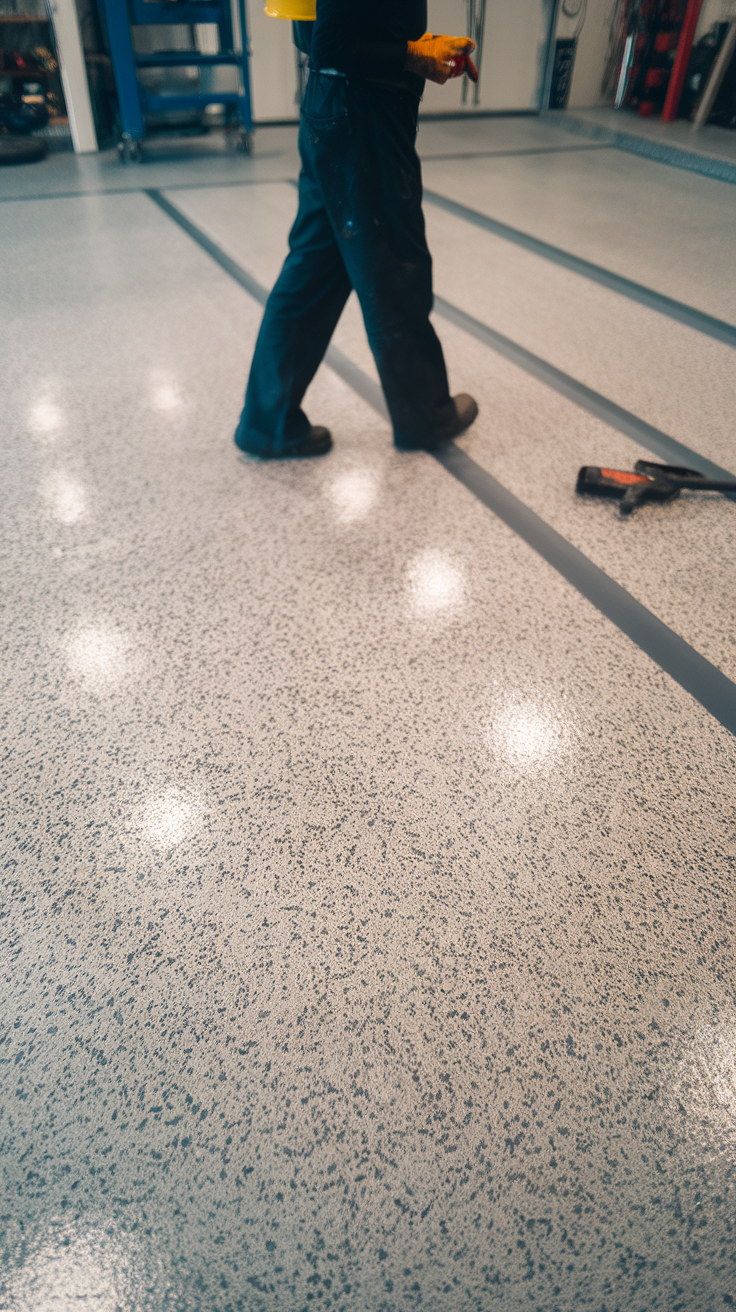 A person walking on a textured epoxy garage floor.