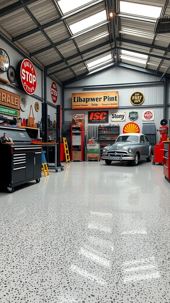 A modern workshop featuring a sleek epoxy floor and various tools, showcasing the blend of style and safety with anti-slip textures.