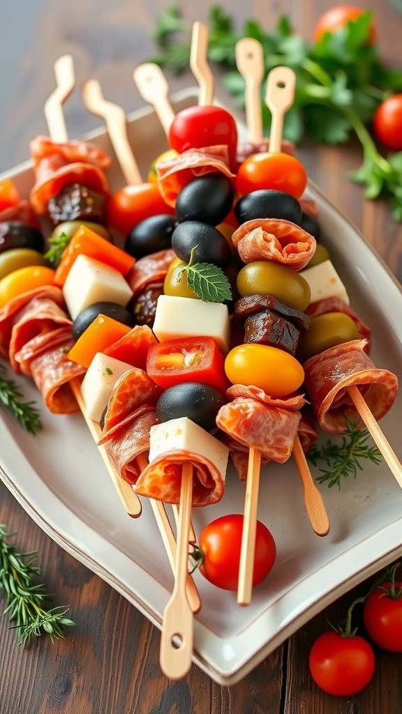Colorful antipasto skewers with cherry tomatoes, mozzarella, salami, olives, and peppers on a platter.