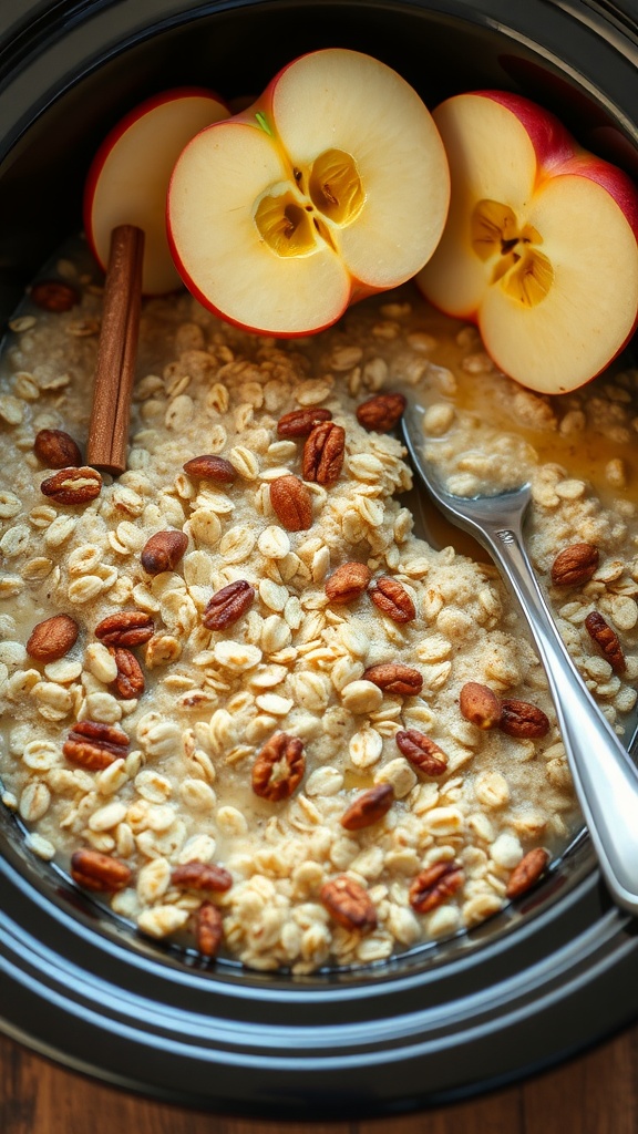 A bowl of warm apple cinnamon steel cut oats topped with nuts and fresh apple slices.