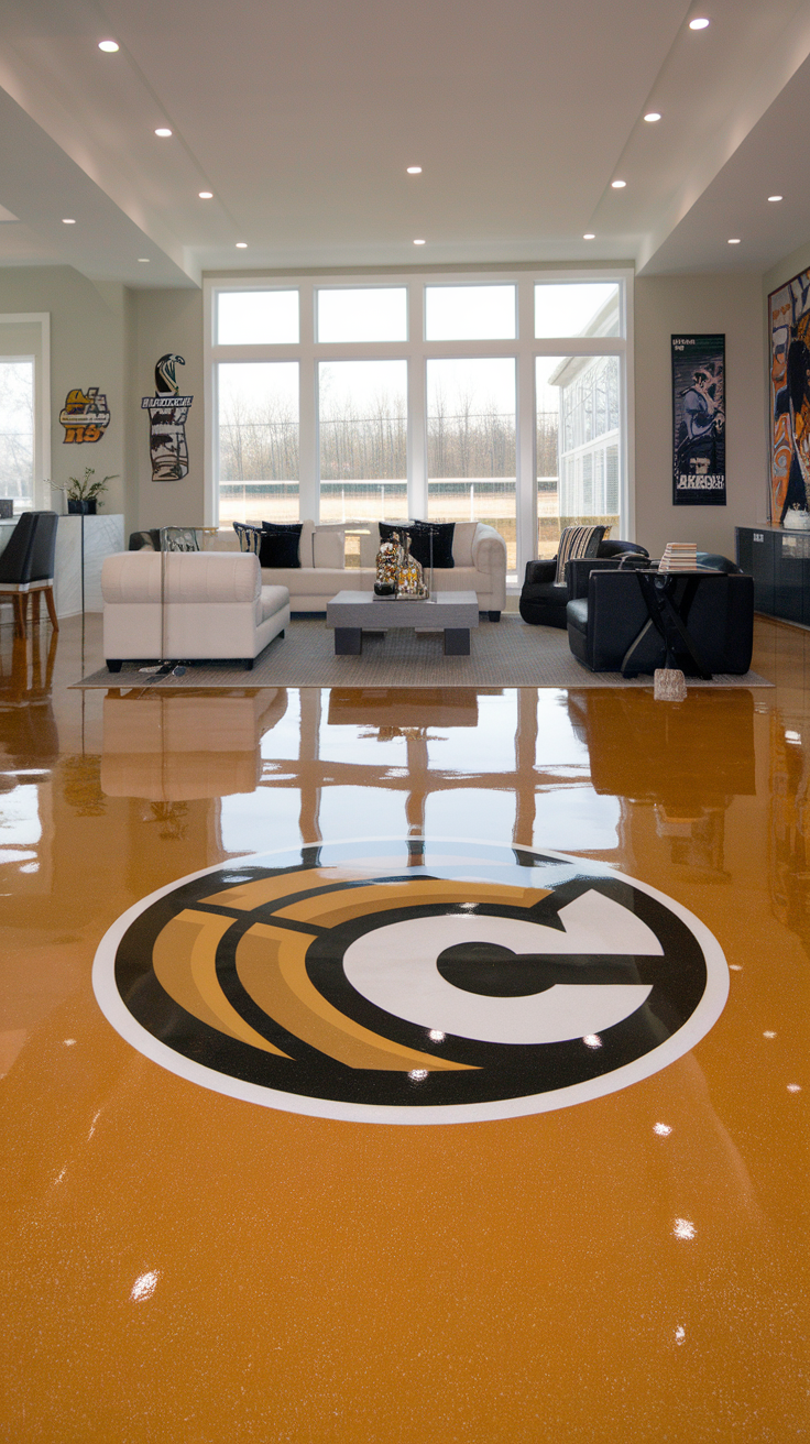 A close-up view of an epoxy sports floor application process, featuring a roller and basketballs in an indoor gym.