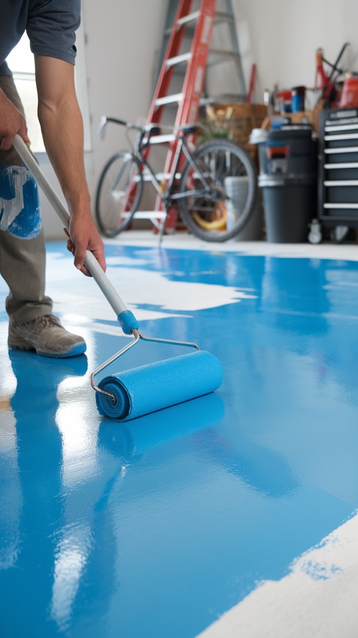 A person applying solid blue epoxy on a garage floor with a paint roller.
