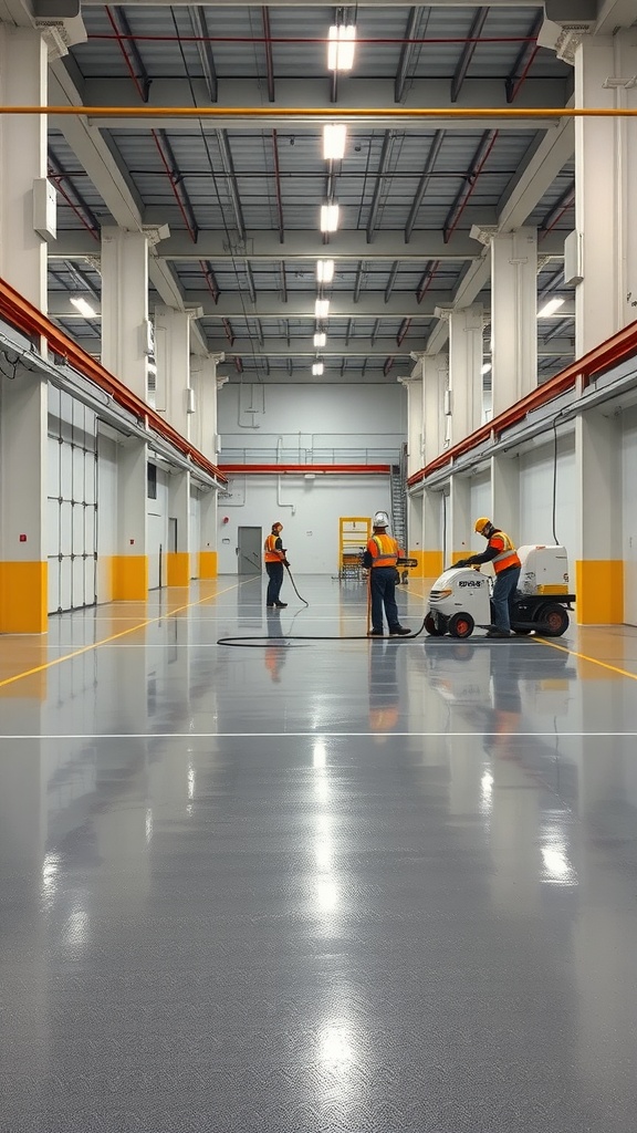 Workers applying epoxy floor coating in a large industrial warehouse.