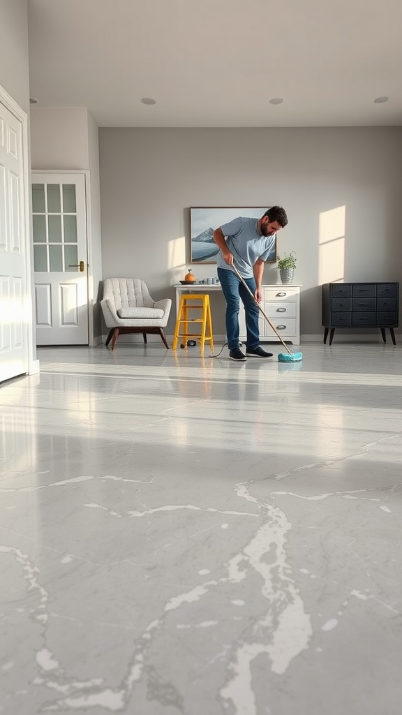 Person mopping a shiny gray epoxy floor in a modern room