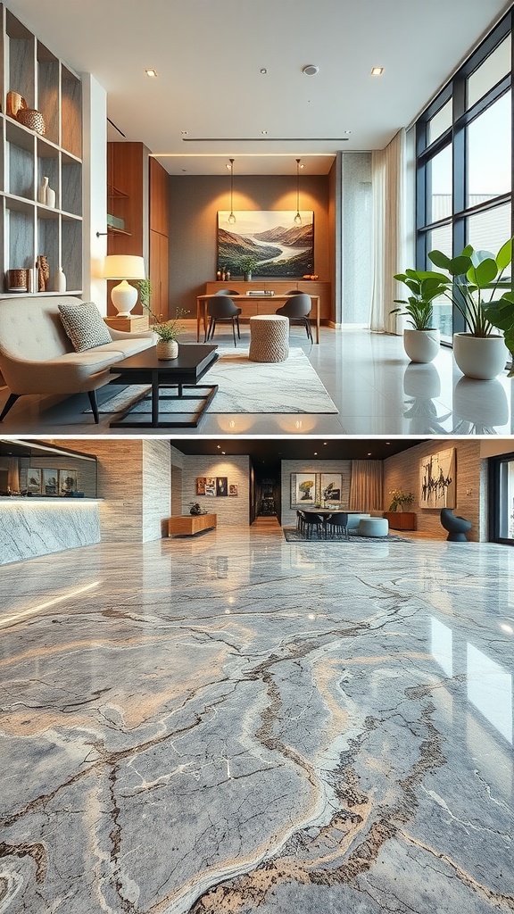 A modern living space featuring metallic marble epoxy flooring, showcasing a stylish design with natural light and contemporary furniture.