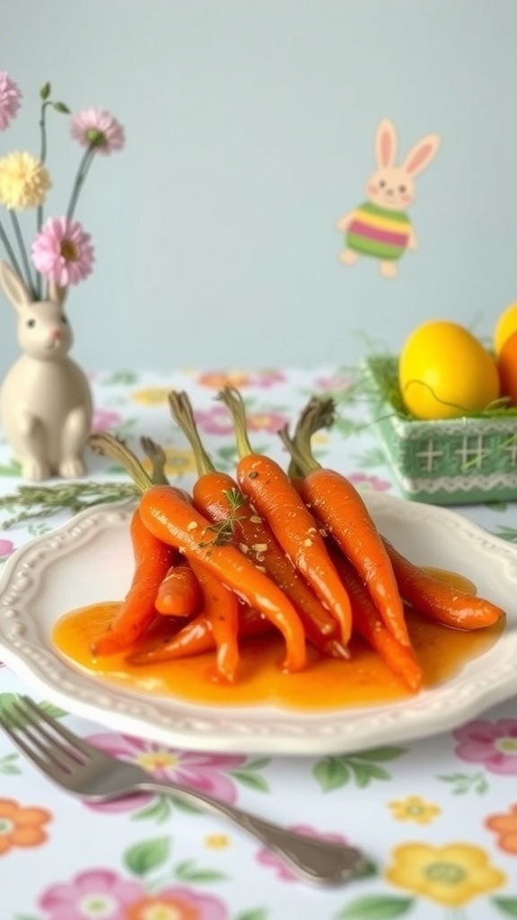 A plate of apricot-glazed carrots with a vibrant orange glaze, garnished with fresh thyme.
