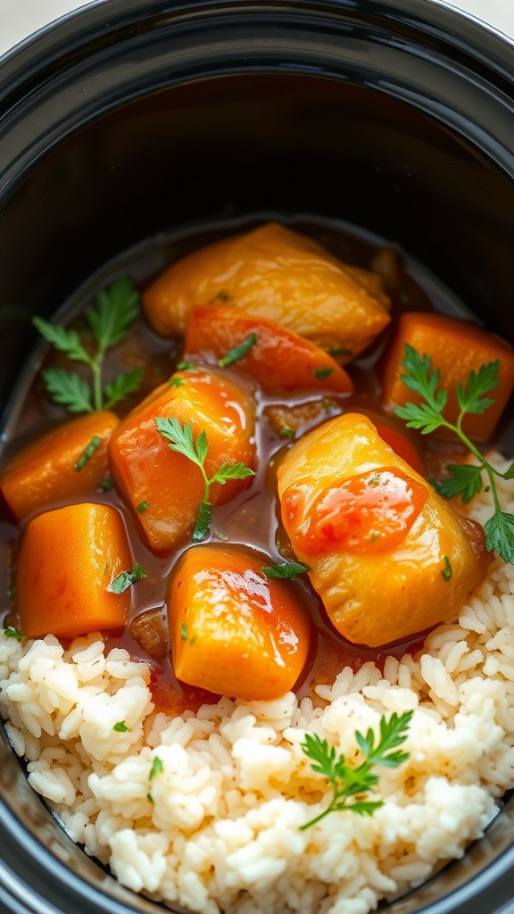 A bowl of apricot chicken served with rice and garnished with parsley.
