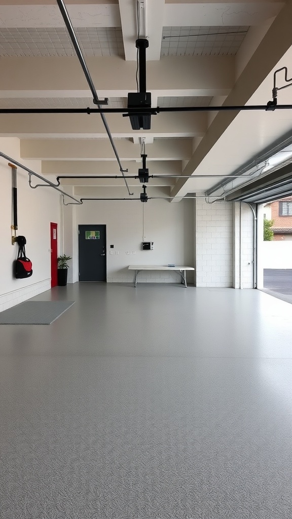 A modern garage with clean lines and sleek epoxy flooring.