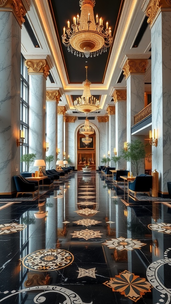 Art Deco lobby with polished epoxy flooring and a luxurious design