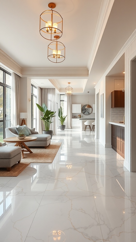 A modern living room featuring shiny, marble-like epoxy floors and stylish decor.