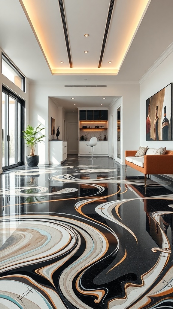 Art Deco inspired epoxy floor design with swirling patterns in dark and light colors