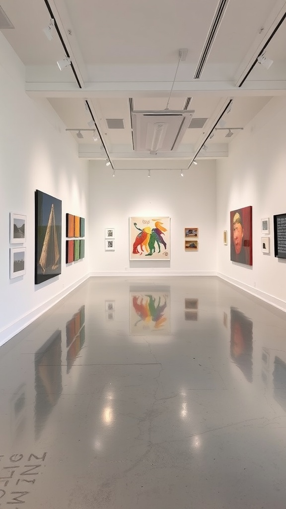 An art gallery with modern epoxy floors and various paintings displayed on the walls.