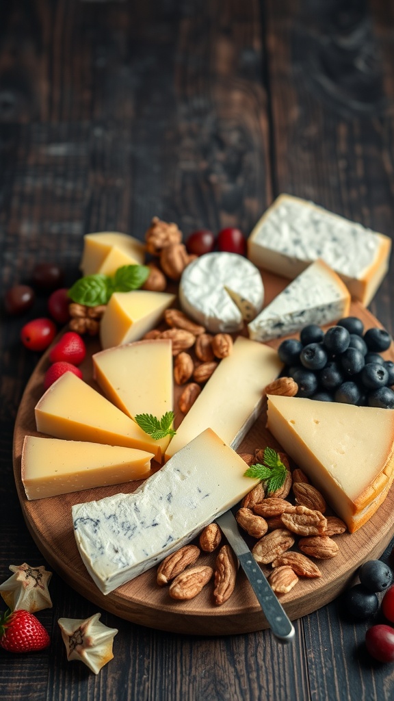 Artisan cheese board featuring a variety of cheeses, nuts, and fruits.
