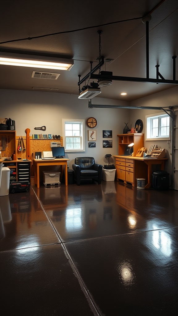 A well-organized garage with dark epoxy flooring, a workbench, and storage areas.