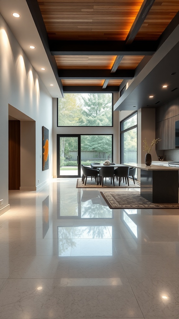 Modern living space with sleek epoxy flooring and artistic design elements.
