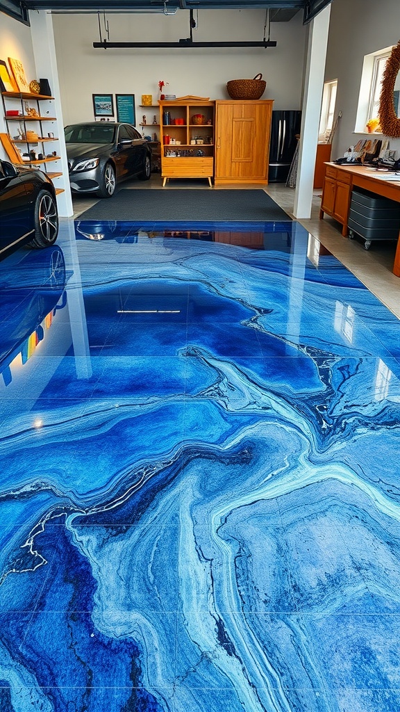 Artisan epoxy flooring in a boutique shop featuring a blue, marbled design.