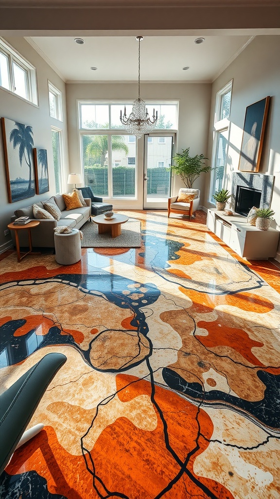 Luxurious artisan epoxy floor with hand-painted designs resembling marble.