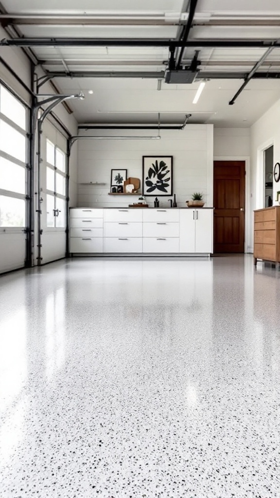 Modern garage interior with a glossy epoxy floor and minimalist decor