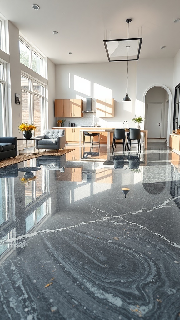 Stylish black and gray epoxy floor in a modern kitchen setting