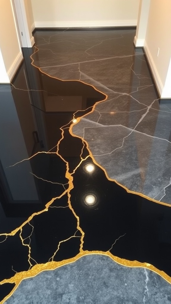 A vibrant 3D epoxy floor mural featuring colorful koi fish and waves, set in a modern room with a cosmic-themed wall.
