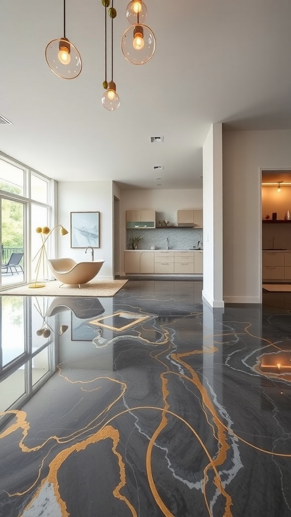 Modern living room with metallic epoxy floor featuring artistic drip techniques in gold and dark colors.
