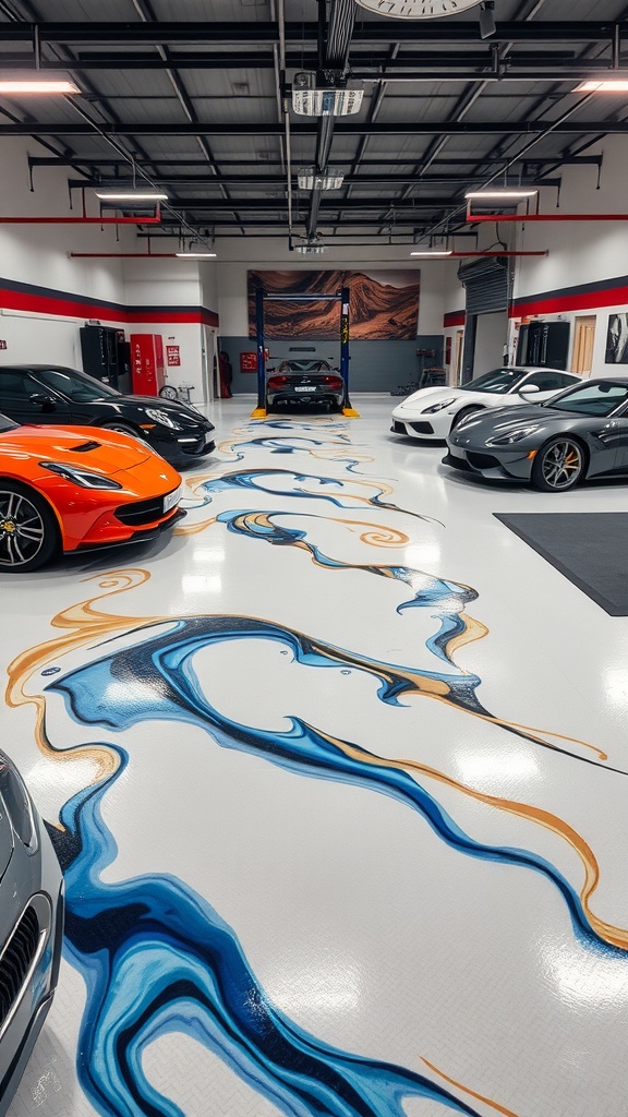 Luxury garage with artistic epoxy floor design featuring blue and gold patterns.