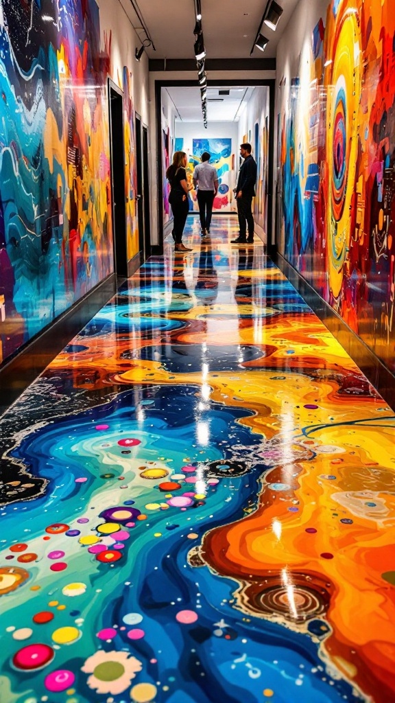 Colorful epoxy floor mural with abstract patterns and vibrant colors in a hallway