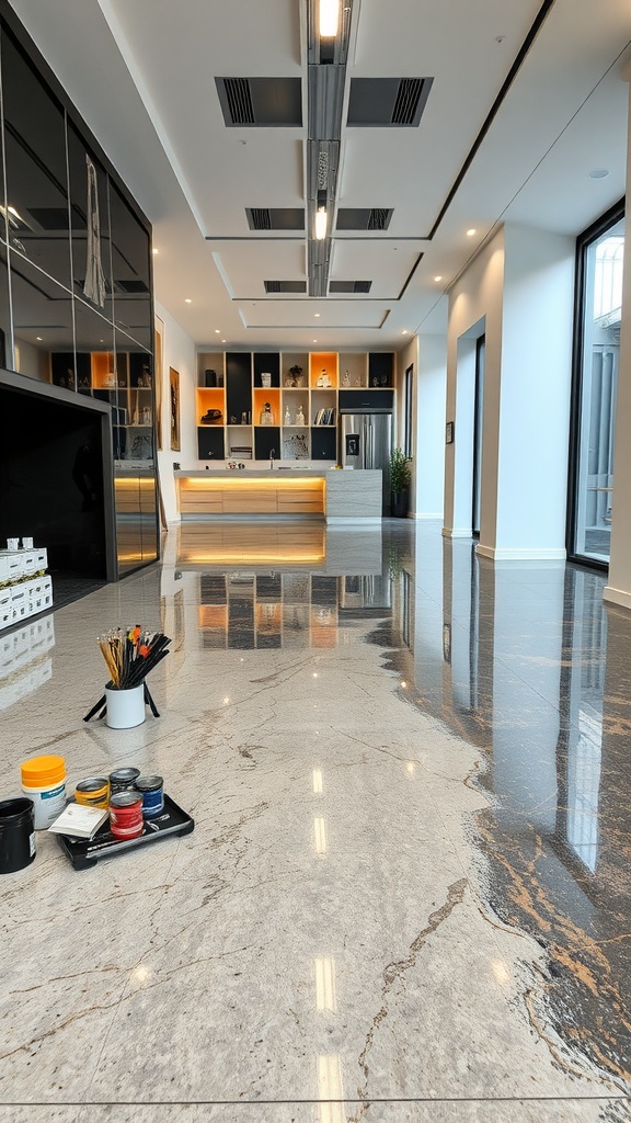 A stylish interior with an artistic epoxy floor design featuring intricate patterns and a sleek finish.