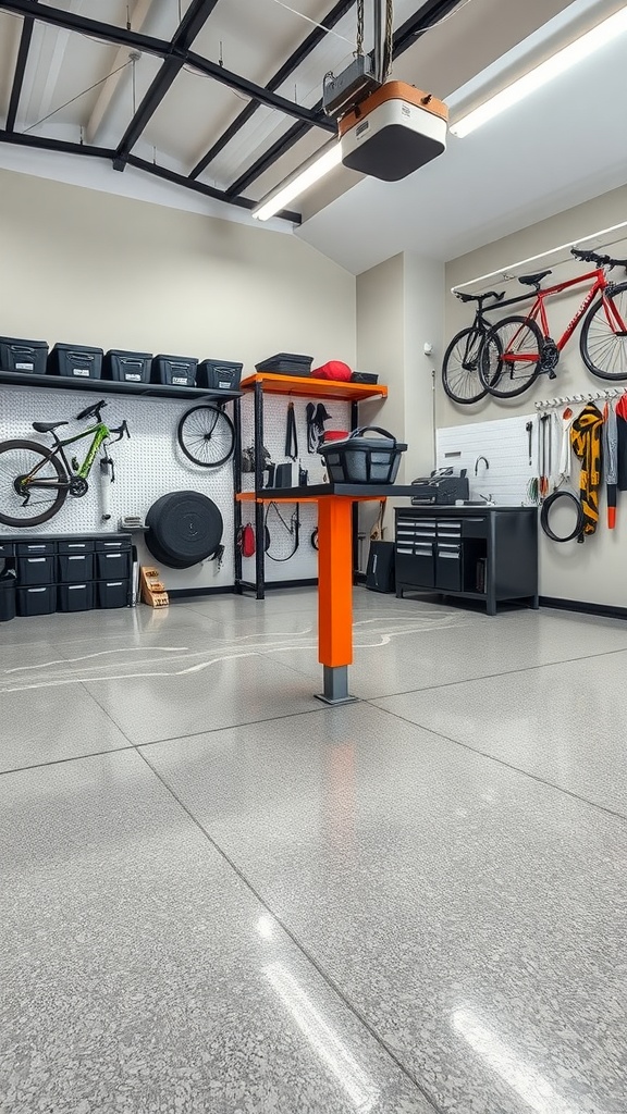 A modern garage featuring epoxy flooring, organized shelves, and wall-mounted bike racks.
