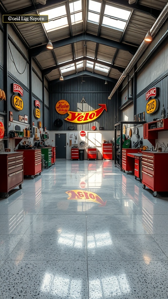 A bright workshop interior with glossy epoxy flooring and colorful signage.