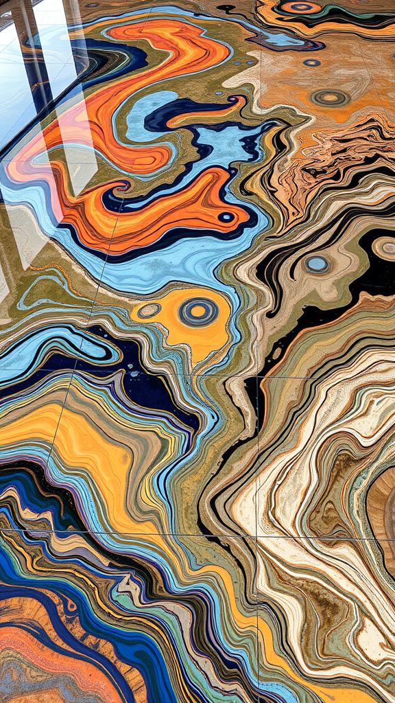 Colorful abstract epoxy floor design with swirls and patterns
