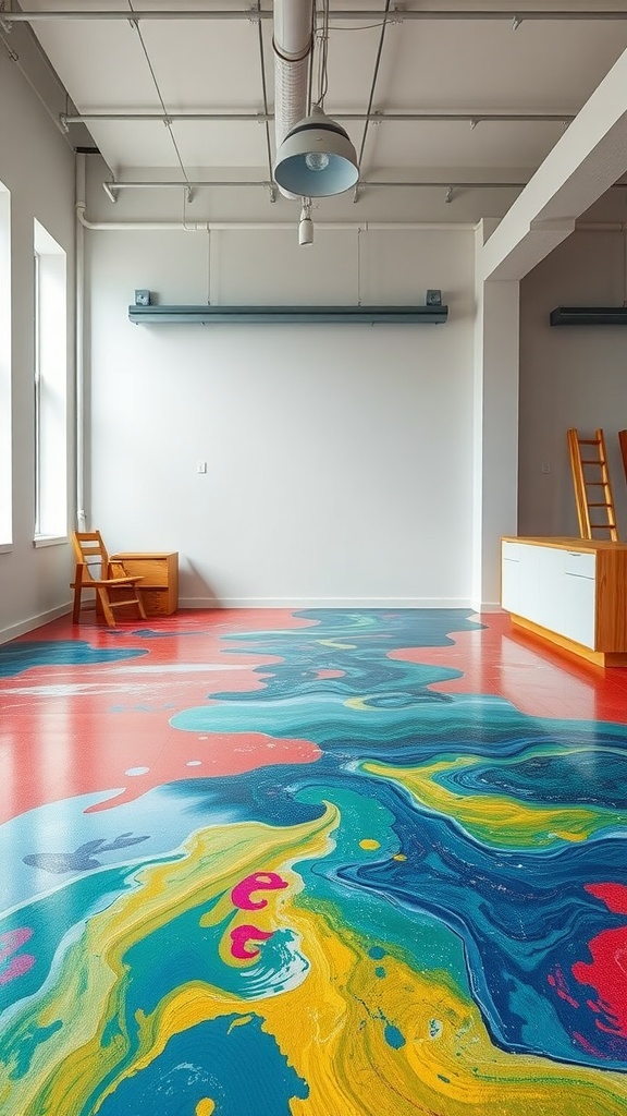 Colorful hand-painted epoxy floor design in a modern interior space