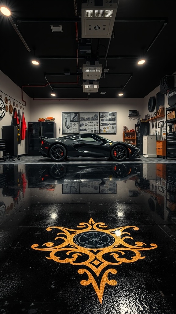 A sleek black epoxy garage floor with an artistic orange inlay, featuring a luxury car and modern garage equipment.