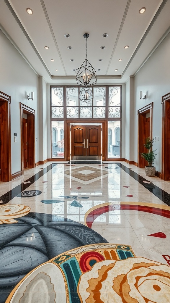 An elegant entrance with a grand staircase featuring an artistic epoxy floor design.