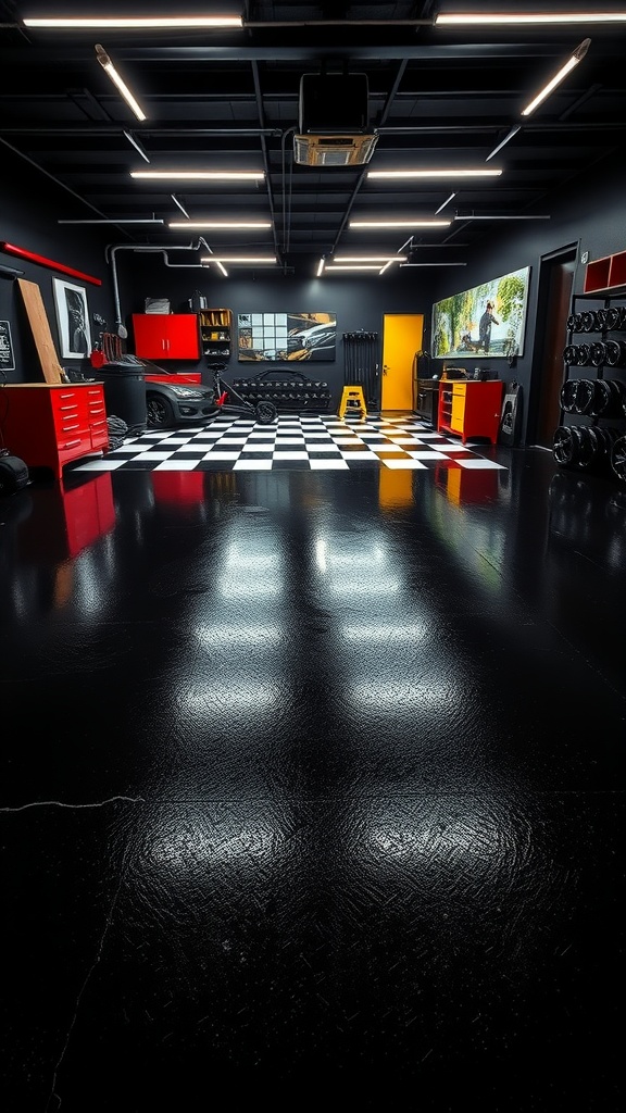 A modern garage with a black epoxy floor, featuring red cabinets and a checkered floor pattern.