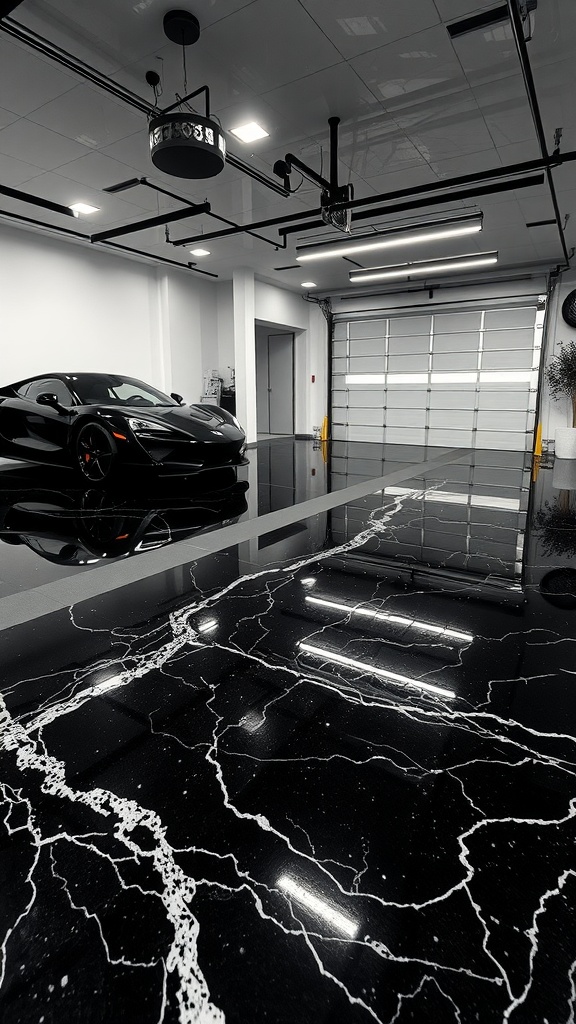 A black marble epoxy floor with white veining in a modern garage setting