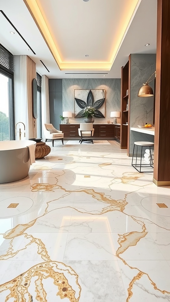 A luxurious room featuring marble epoxy flooring with golden veins, showcasing a modern and elegant interior design.