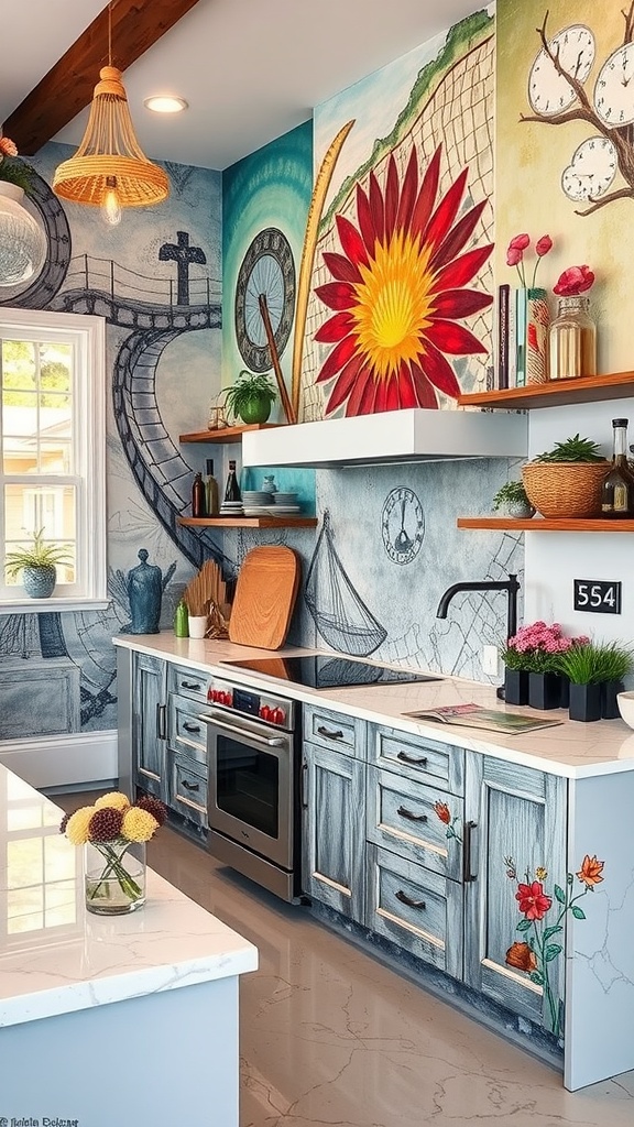 A modern kitchen featuring artistic mural epoxy finish on the floor with geometric designs and vibrant colors.