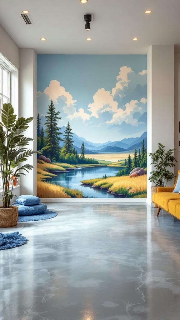 A stylish room featuring a mural of a serene landscape on the wall and a polished epoxy floor.