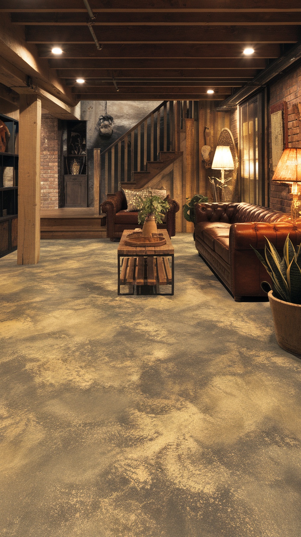 Artistic mural epoxy floor in a cozy basement living area