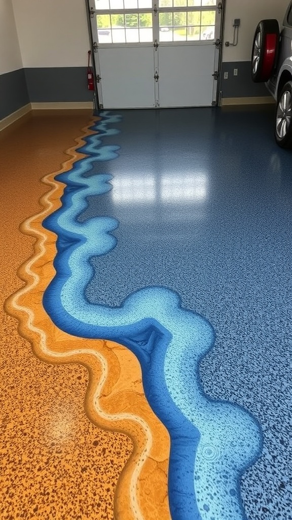 A colorful artistic mural epoxy floor in a creative workspace, featuring various shapes and designs.