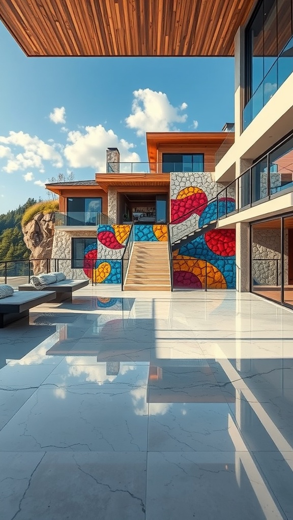 An artistic mural epoxy floor in a modern hillside home