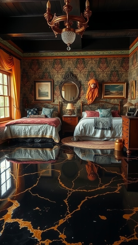 A bedroom featuring a colorful epoxy floor with artistic murals and tree designs on the wall.